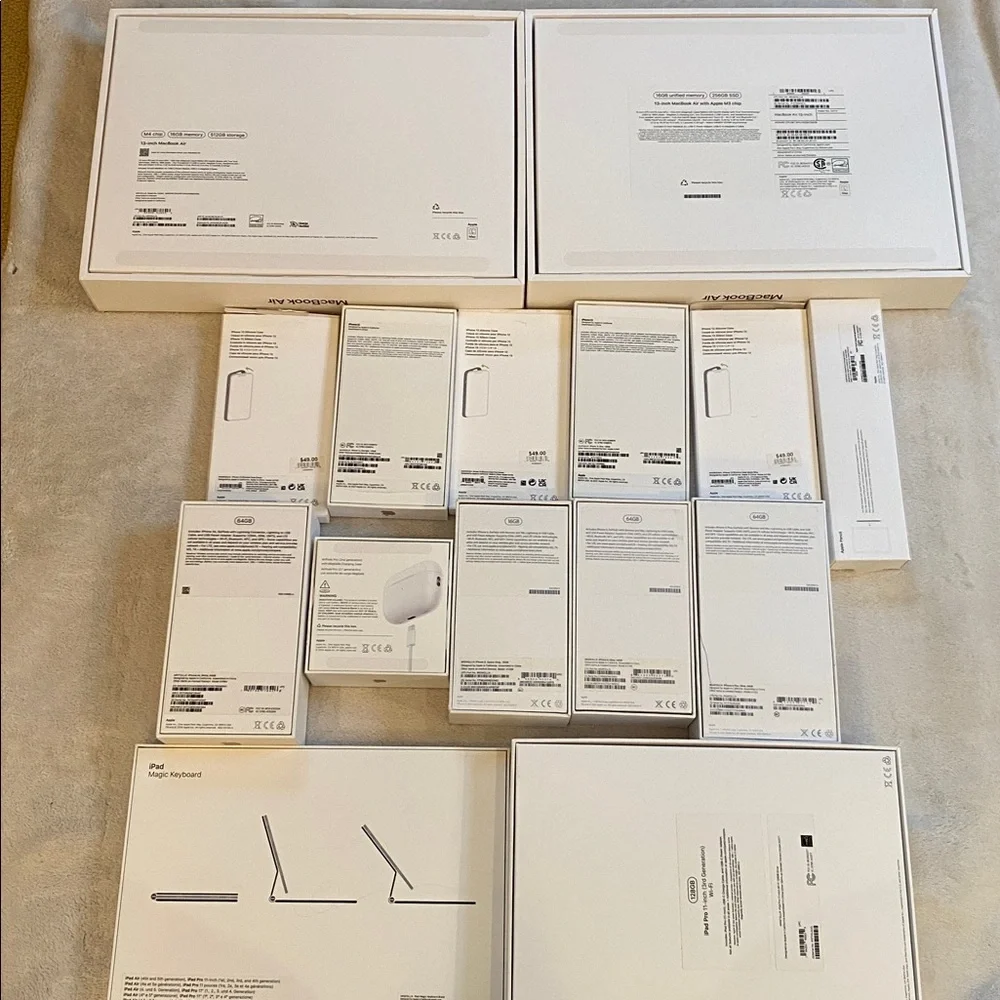 Bundle of EMPTY Apple packaging:  2 MacBook Air 13, AirPods Pro, iPhones, etc.